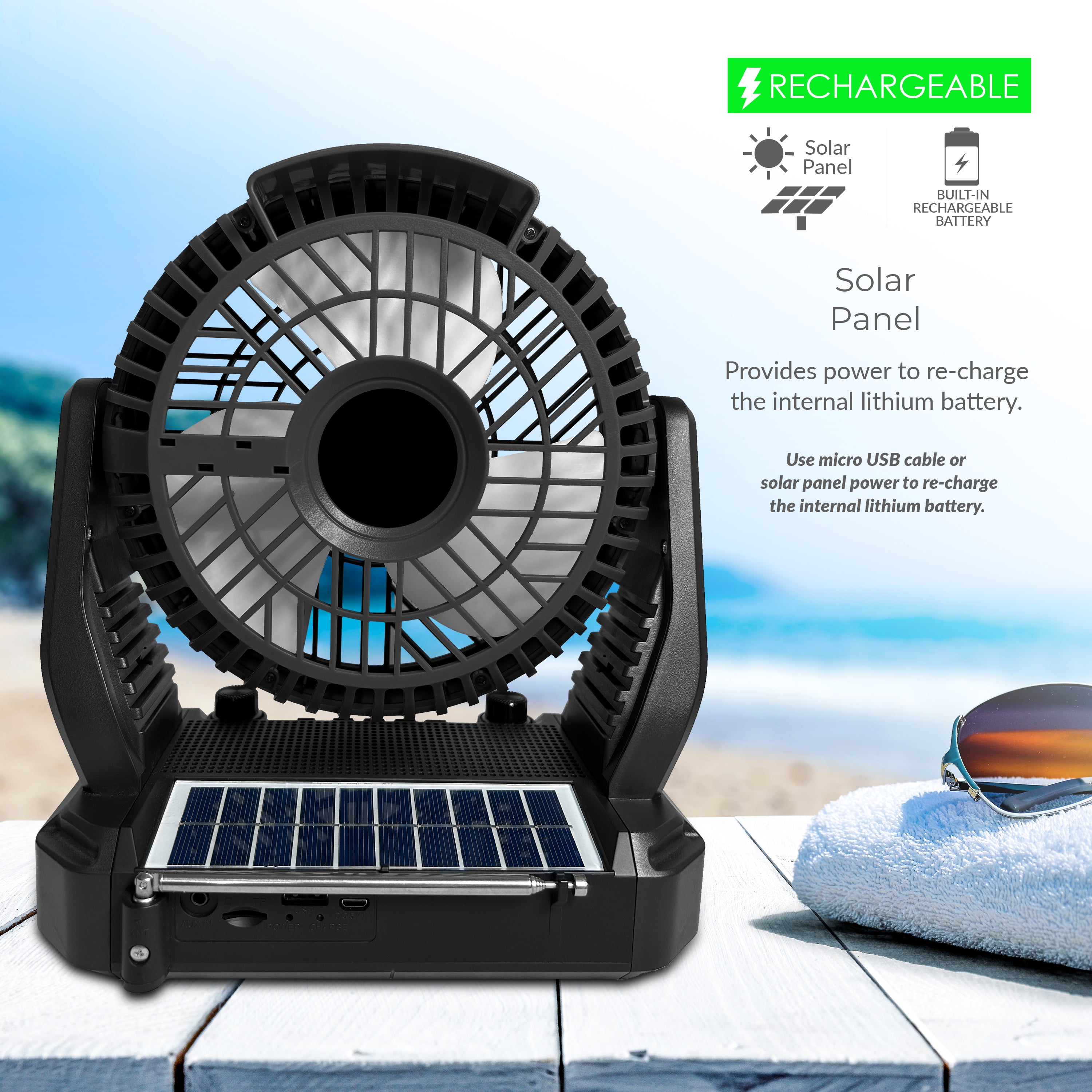 Solar Power 3-Speed Fan with Bluetooth Speaker, FM Radio, & Lamp
